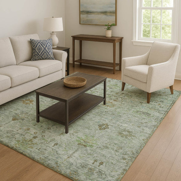 HomeRoots 5' X 8' Artichoke Green Oriental Rug - Durable, Washable, UV Protected, Perfect for High-Traffic Areas 709764