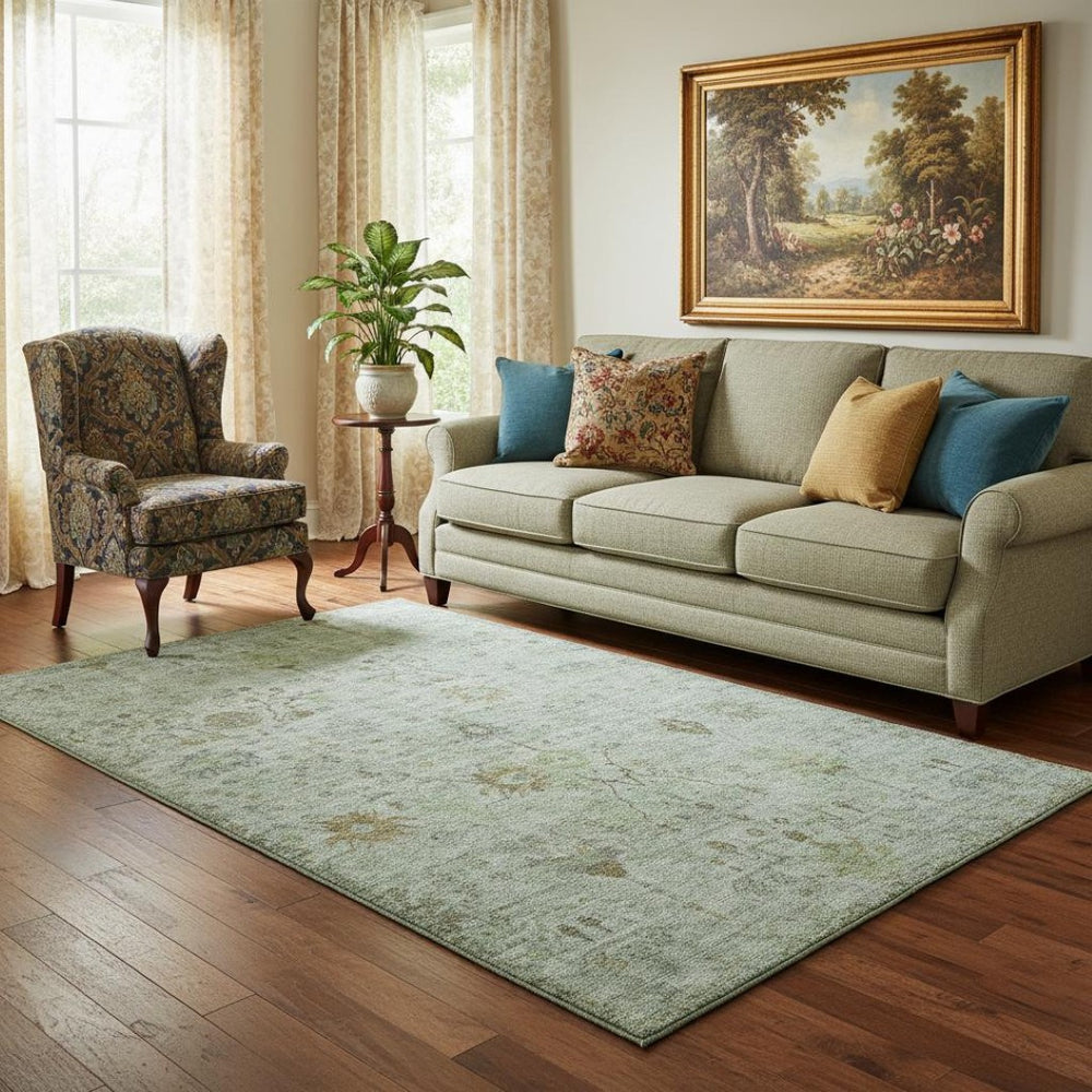HomeRoots 8' Elegant Artichoke Green Washable Oriental Round Rug with UV Protection for High-Traffic Areas 709765