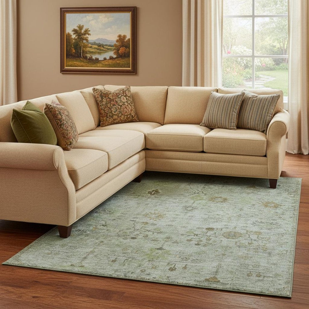 HomeRoots 9' X 12' Artichoke Green Copper Gray Oriental Rug - Washable, UV Protected, Stain Resistant, Durable 709767