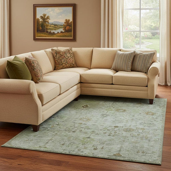 HomeRoots 9' X 12' Artichoke Green Copper Gray Oriental Rug - Washable, UV Protected, Stain Resistant, Durable 709767