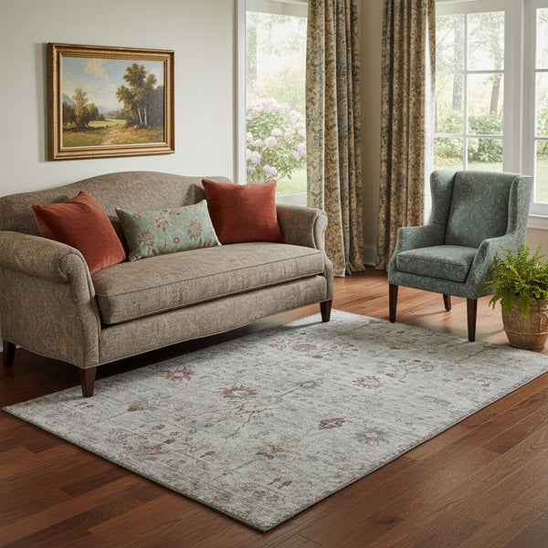 HomeRoots 8' Gray Copper Silver Oriental Washable Round Rug - UV Protected, Stain Resistant & Easy Care 709771