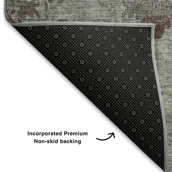 HomeRoots 8' Gray Copper Silver Oriental Washable Round Rug - UV Protected, Stain Resistant & Easy Care 709771