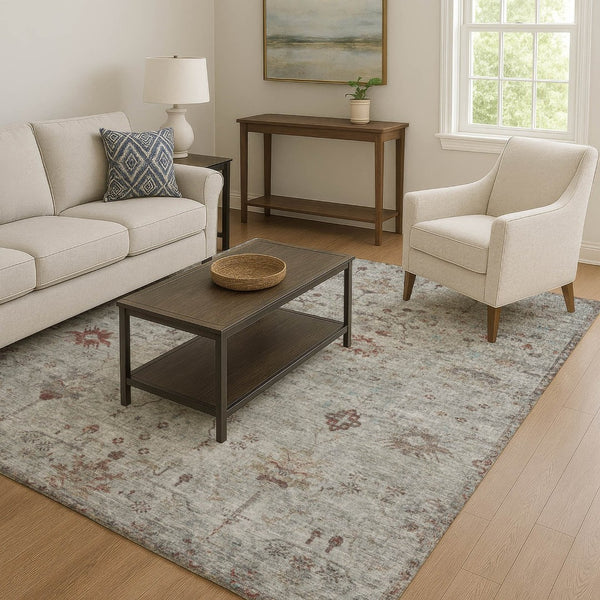 HomeRoots 8' Gray Copper Silver Oriental Washable Round Rug - UV Protected, Stain Resistant & Easy Care 709771