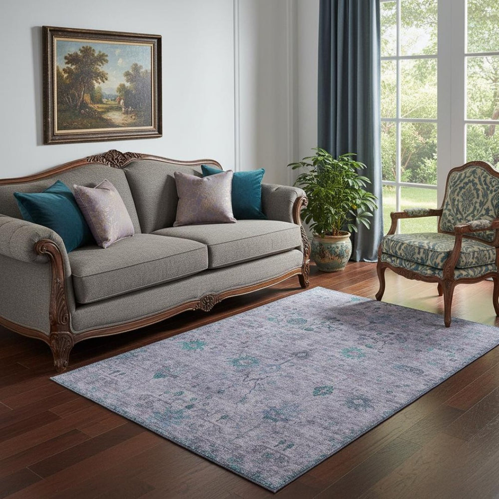 HomeRoots 8' Elegant Lavender and Teal Round Rug - Washable, UV-Protected, Non-Slip for Stylish Durability 709777