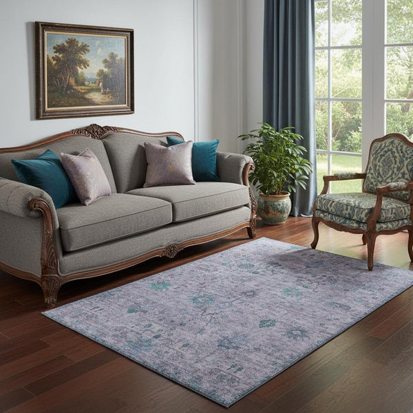 HomeRoots 8' Elegant Lavender and Teal Round Rug - Washable, UV-Protected, Non-Slip for Stylish Durability 709777
