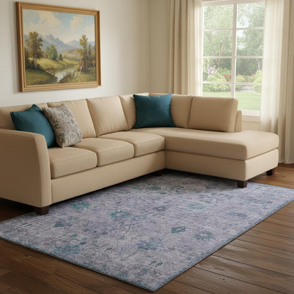 HomeRoots 9' X 12' Elegant Lavender and Teal Oriental Area Rug - Washable, Stain Resistant, UV Protected! 709779