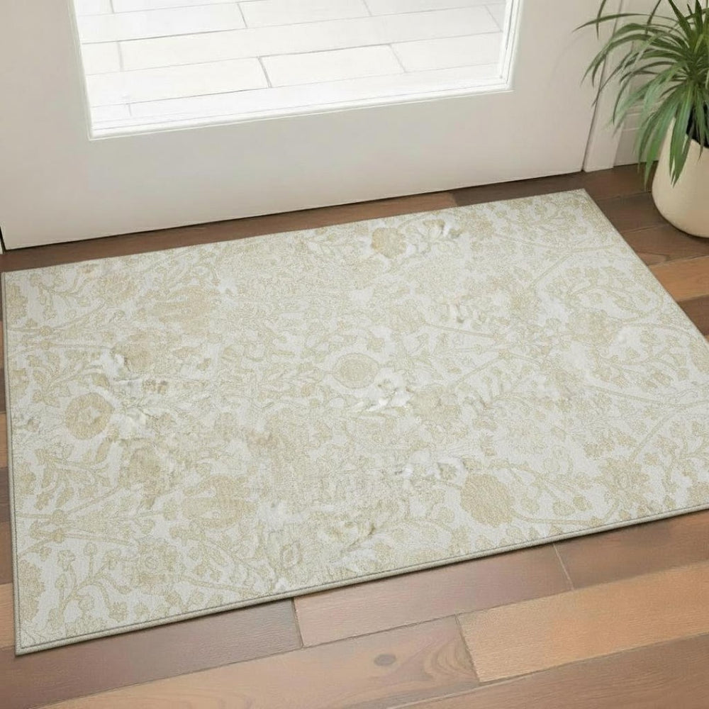 HomeRoots 5' X 8' Floral Area Rug in Ivory & Beige – Washable, UV-Protected, Stain-Resistant for Busy Homes 709782