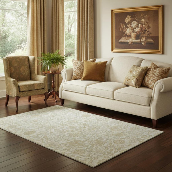 HomeRoots 8' Elegant Ivory and Beige Floral Washable Round Rug - Stain Resistant, UV Protected, Non-Slip Design 709783