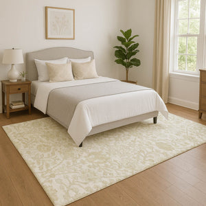 HomeRoots 8' Elegant Ivory and Beige Floral Washable Round Rug - Stain Resistant, UV Protected, Non-Slip Design 709783