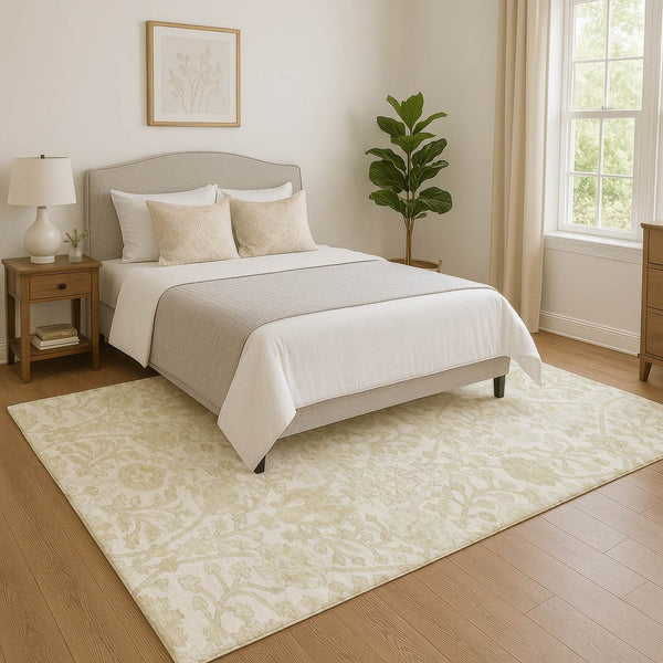 HomeRoots 8' Elegant Ivory and Beige Floral Washable Round Rug - Stain Resistant, UV Protected, Non-Slip Design 709783