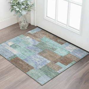 HomeRoots 5' X 8' Stylish Brown Teal Ivory Geometric Area Rug - Washable, UV Protected, Durable & Easy Care 709788