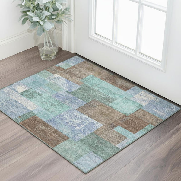 HomeRoots 5' X 8' Stylish Brown Teal Ivory Geometric Area Rug - Washable, UV Protected, Durable & Easy Care 709788