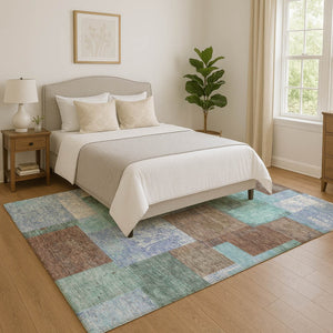 HomeRoots 5' X 8' Stylish Brown Teal Ivory Geometric Area Rug - Washable, UV Protected, Durable & Easy Care 709788