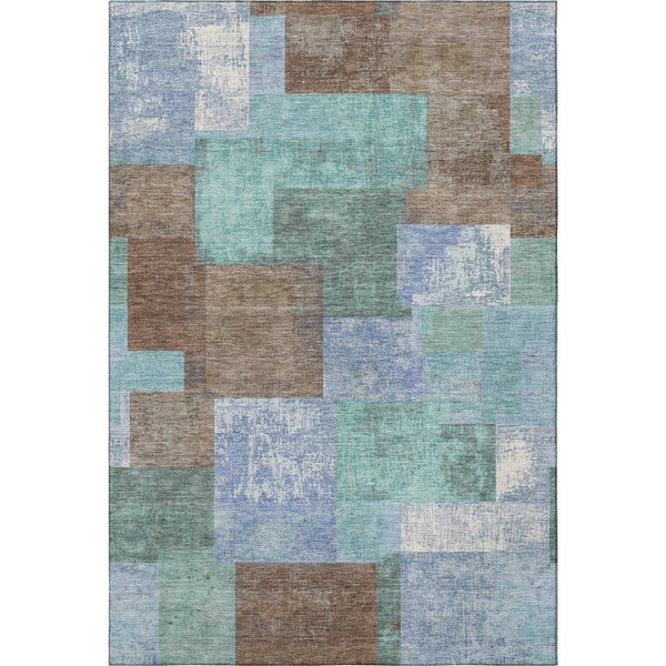 HomeRoots 5' X 8' Stylish Brown Teal Ivory Geometric Area Rug - Washable, UV Protected, Durable & Easy Care 709788
