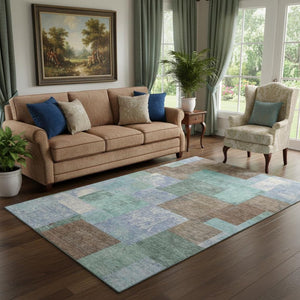 HomeRoots 8' Brown Teal And Ivory Geometric Washable Round Rug - Stylish, Durable, UV Protected for Busy Homes 709789