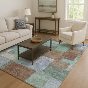 HomeRoots 8' Brown Teal And Ivory Geometric Washable Round Rug - Stylish, Durable, UV Protected for Busy Homes 709789