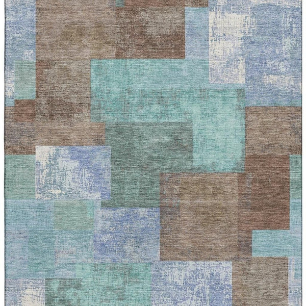 HomeRoots 8' Brown Teal And Ivory Geometric Washable Round Rug - Stylish, Durable, UV Protected for Busy Homes 709789