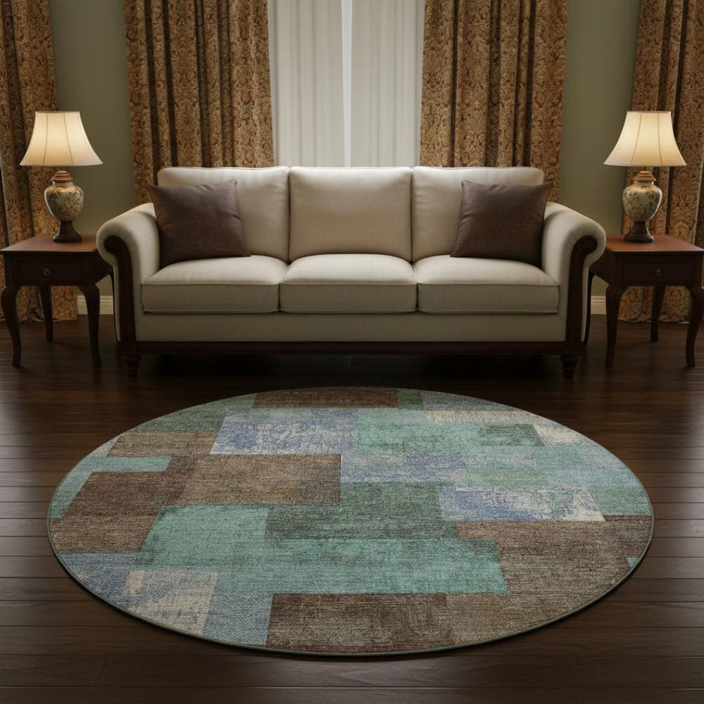 HomeRoots 8' X 10' Washable Area Rug in Brown, Teal & Ivory - Durable, UV-Protected, Stylish for Any Space 709790