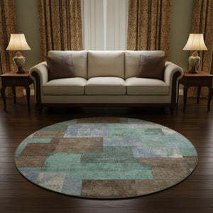 HomeRoots 8' X 10' Washable Area Rug in Brown, Teal & Ivory - Durable, UV-Protected, Stylish for Any Space 709790