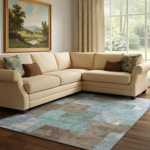 HomeRoots 9' X 12' Stylish Washable Brown, Teal & Ivory Geometric Area Rug with UV Protection for Homes 709791