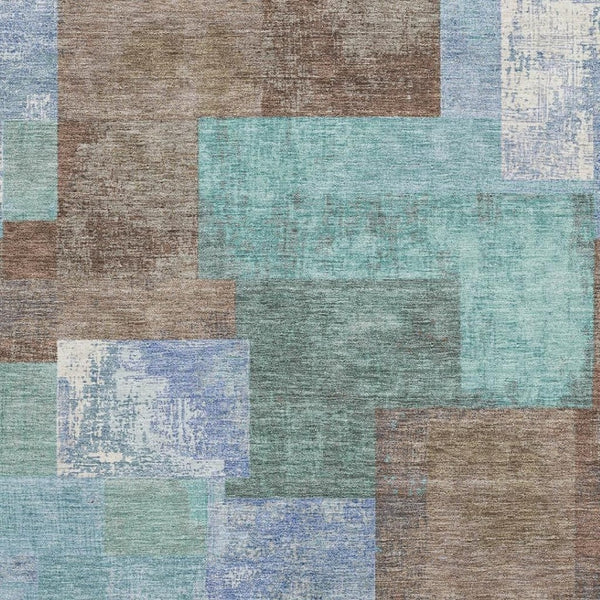 HomeRoots 9' X 12' Stylish Washable Brown, Teal & Ivory Geometric Area Rug with UV Protection for Homes 709791