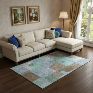 HomeRoots 10' X 14' Geometric Washable Area Rug in Brown, Teal & Ivory - UV Resistant, Durable, Kids & Pets Safe! 709792