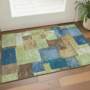 HomeRoots 5' Modern Geometric Washable Area Rug in Blue, Green & Beige - UV Protection, Stain Resistant & Durable 709794