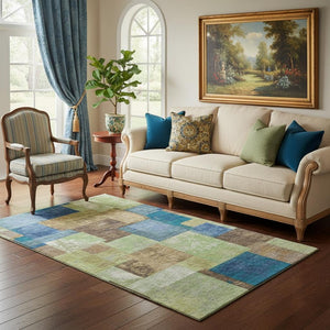 HomeRoots 8' Blue Green Beige Geometric Washable Round Rug - UV Protected, Stain Resistant, Durable Design 709795