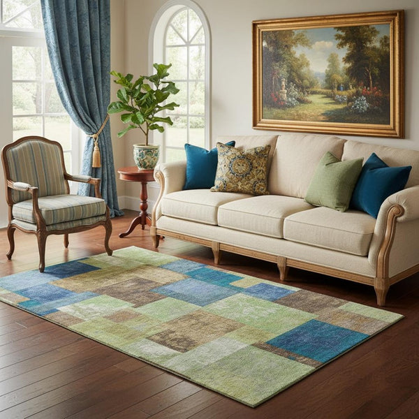 HomeRoots 8' Blue Green Beige Geometric Washable Round Rug - UV Protected, Stain Resistant, Durable Design 709795