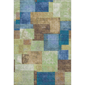 HomeRoots 8' Blue Green Beige Geometric Washable Round Rug - UV Protected, Stain Resistant, Durable Design 709795