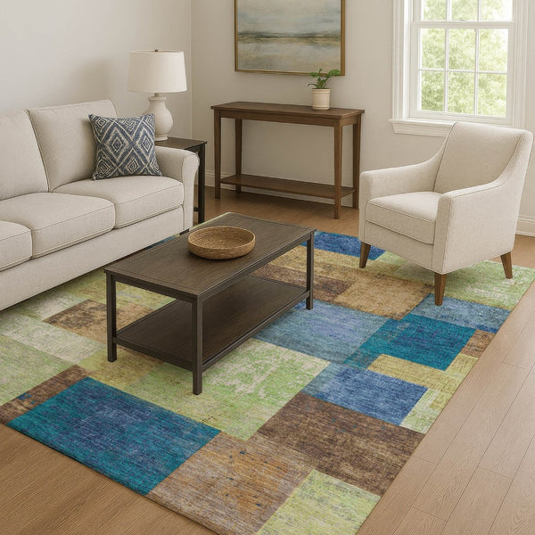 HomeRoots 8' Blue Green Beige Geometric Washable Round Rug - UV Protected, Stain Resistant, Durable Design 709795