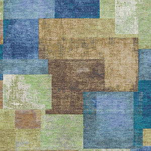 HomeRoots 8' Blue Green Beige Geometric Washable Round Rug - UV Protected, Stain Resistant, Durable Design 709795