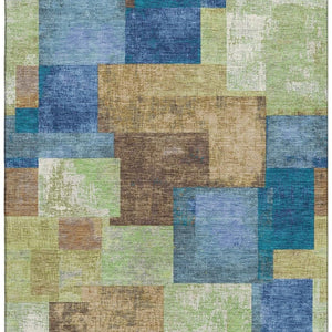 HomeRoots 8' Blue Green Beige Geometric Washable Round Rug - UV Protected, Stain Resistant, Durable Design 709795