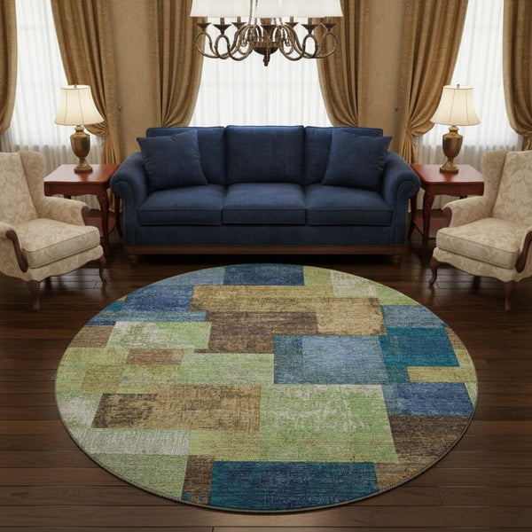 HomeRoots 8' X 10' Stylish Blue Green Beige Geometric Washable Area Rug with UV Protection for Any Space 709796