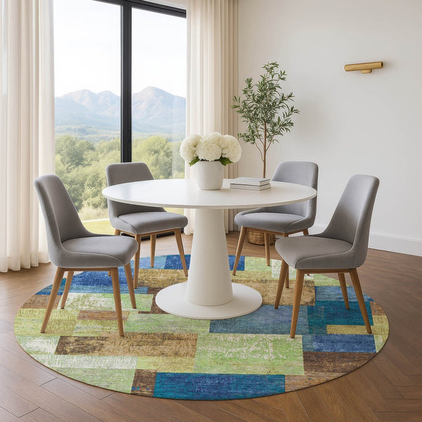 HomeRoots 8' X 10' Stylish Blue Green Beige Geometric Washable Area Rug with UV Protection for Any Space 709796
