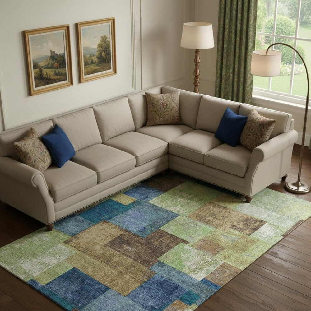 HomeRoots 10' Geometric Washable Area Rug in Blue, Green, and Beige - UV Protected, Stain-Resistant, Stylish Design 709798