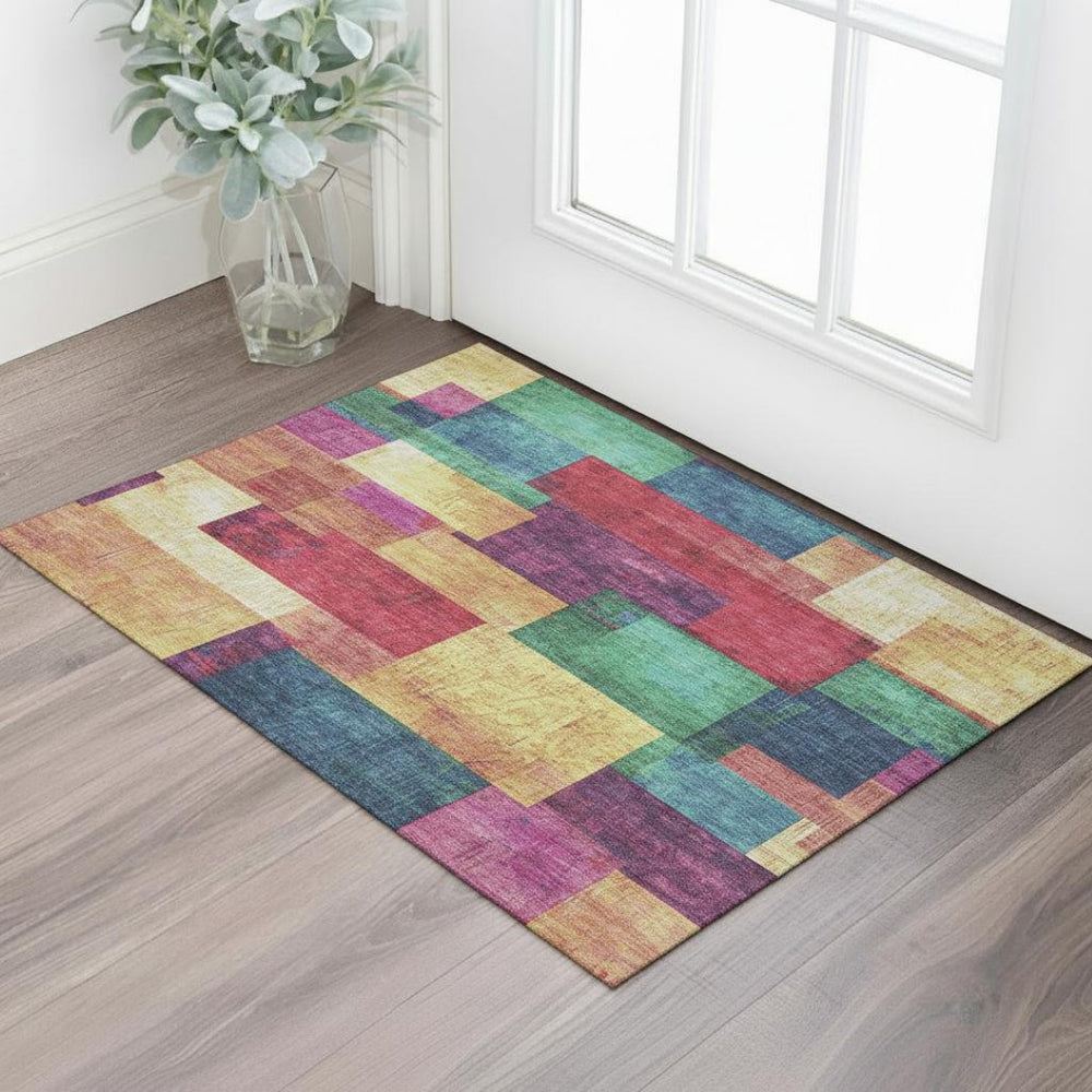 HomeRoots 5' X 8' Stylish Gold, Purple & Red Geometric Washable Area Rug with UV Protection for High-Traffic Areas 709800