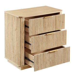 English Elm 3 Drawers Chest - Modern Oak Dresser With Curved Wave Design, Perfect Nightstand & Storage Solution W1820P335659