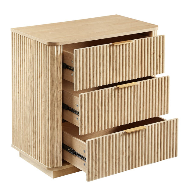English Elm 3 Drawers Chest - Modern Curved Wave Design Nightstand For Bedroom & Living Room, Oak Finish W1820P337285