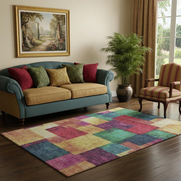 HomeRoots 8' Gold Purple Red Geometric Washable Round Rug - UV Protected, Stain Resistant, Indoor & Outdoor Use 709801