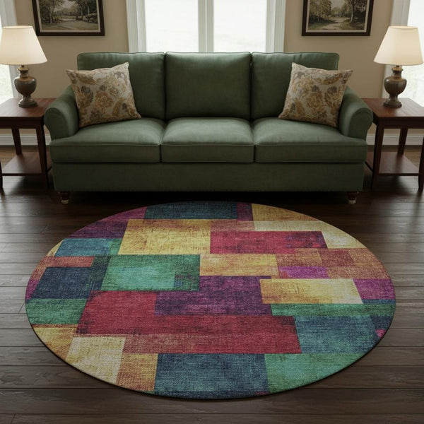 HomeRoots 8' Geometric Washable Area Rug in Gold, Purple & Red - UV Protected for High Traffic Spaces! 709802