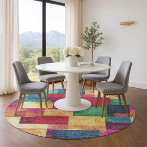 HomeRoots 8' Geometric Washable Area Rug in Gold, Purple & Red - UV Protected for High Traffic Spaces! 709802