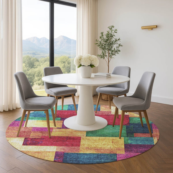 HomeRoots 8' Geometric Washable Area Rug in Gold, Purple & Red - UV Protected for High Traffic Spaces! 709802