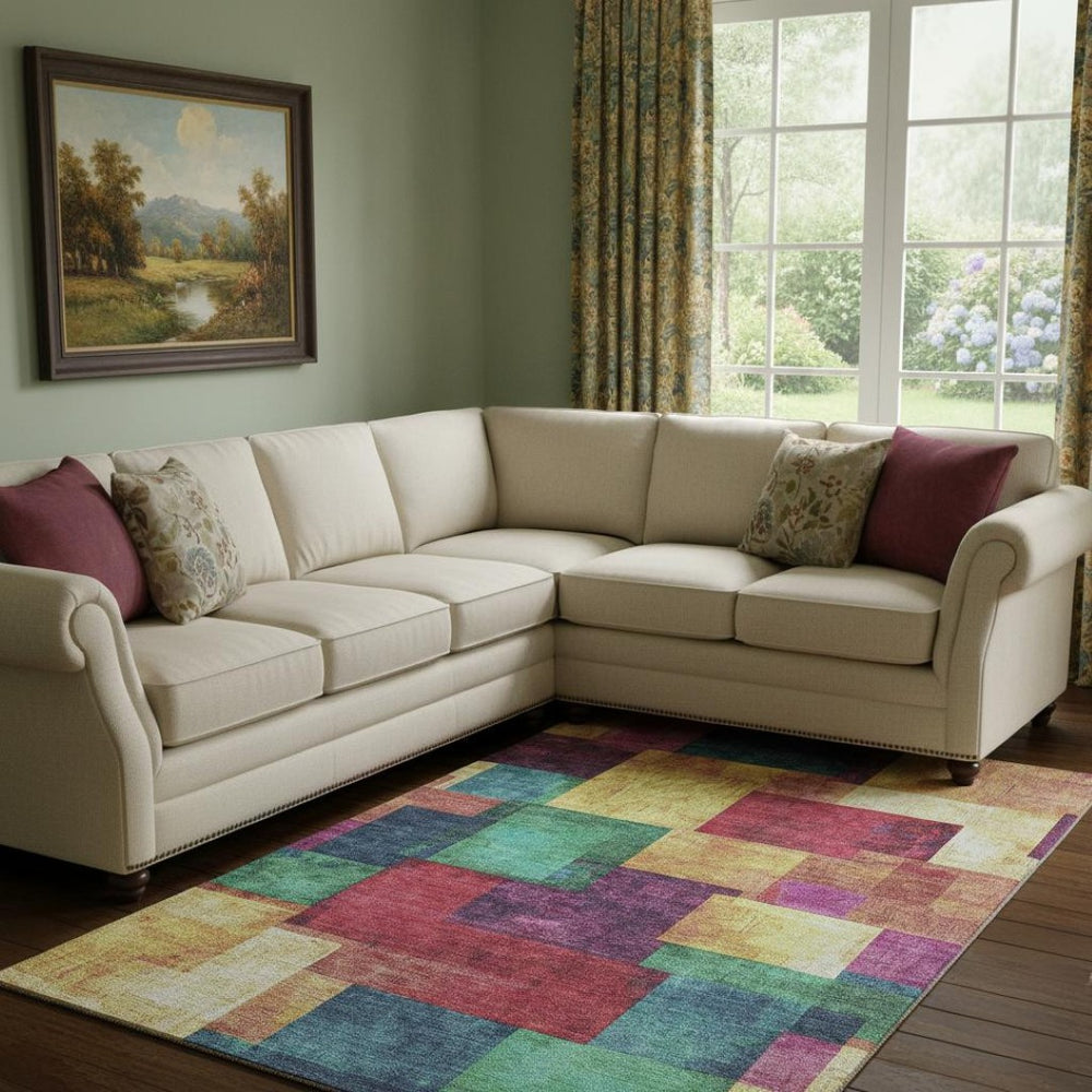 HomeRoots 9' X 12' Washable Gold, Purple & Red Geometric Area Rug with UV Protection for High-Traffic Homes 709803