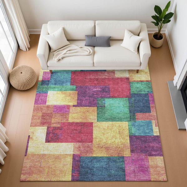 HomeRoots 9' X 12' Washable Gold, Purple & Red Geometric Area Rug with UV Protection for High-Traffic Homes 709803