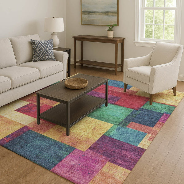 HomeRoots 9' X 12' Washable Gold, Purple & Red Geometric Area Rug with UV Protection for High-Traffic Homes 709803
