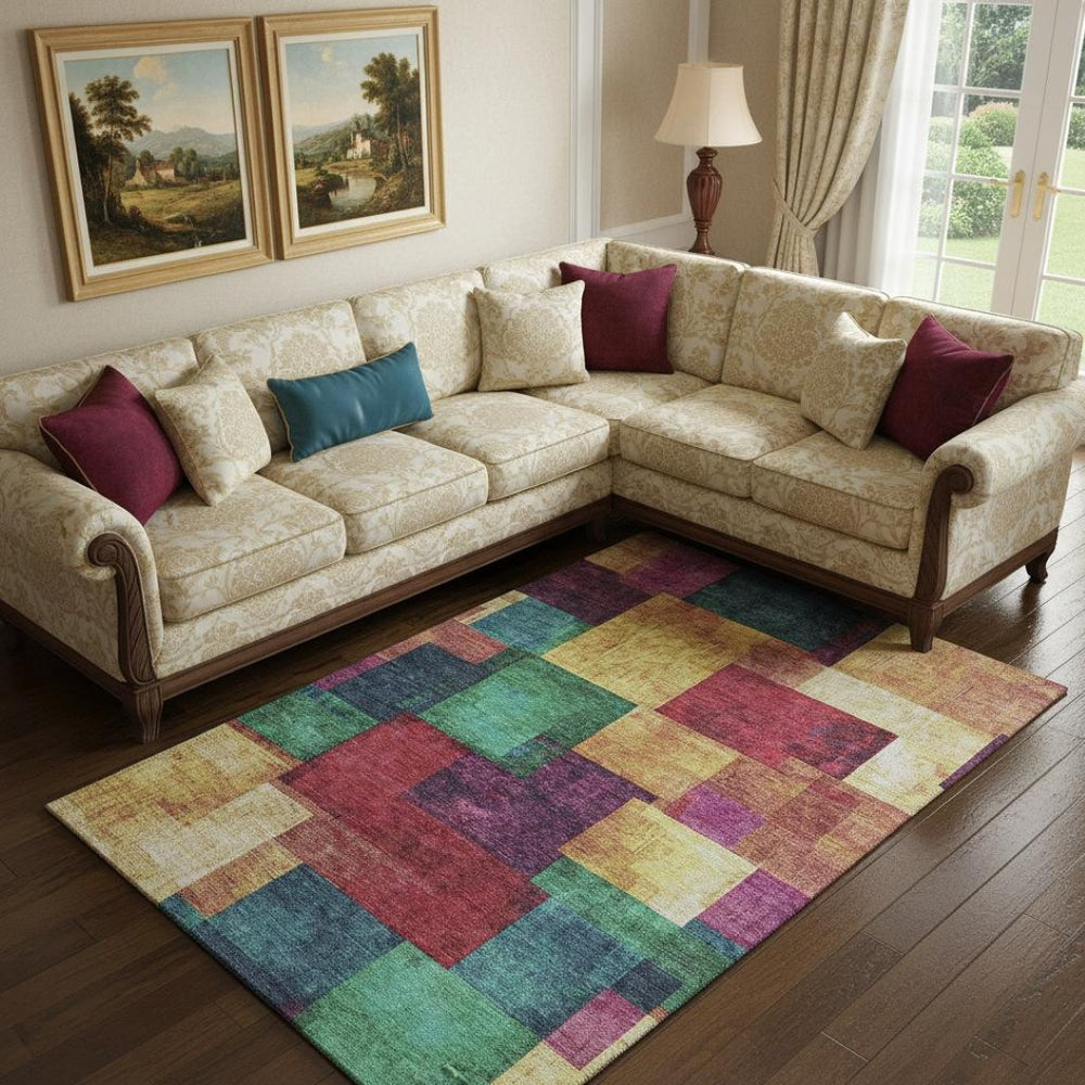 HomeRoots 10' Geometric Washable Area Rug in Gold, Purple & Red – UV Protected, Stain Resistant & Non-Slip! 709804