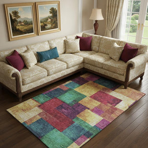HomeRoots 10' Geometric Washable Area Rug in Gold, Purple & Red – UV Protected, Stain Resistant & Non-Slip! 709804