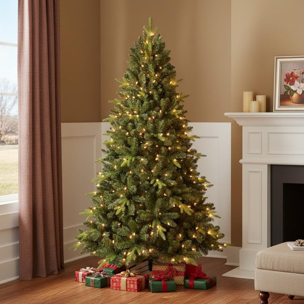 HomeRoots 9' Pre-Lit Full Spruce Christmas Tree - Lush PVC Needles, 800 Warm White LEDs & Easy Setup for Holidays 709816