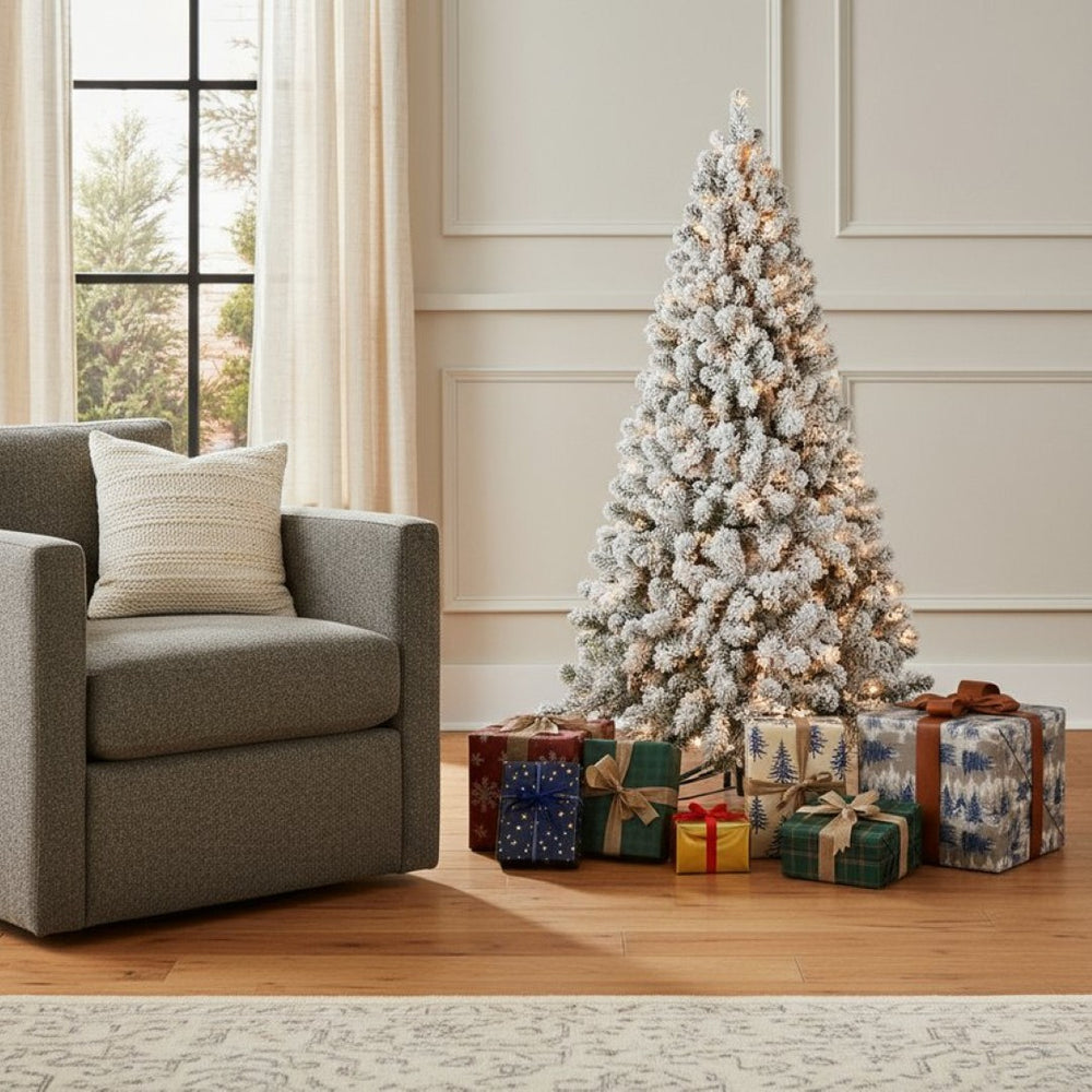 HomeRoots 6' Pre Lit Snowy Flocked Spruce Christmas Tree with Warm LED Lights - Easy Setup & Lush Green Needles 709818